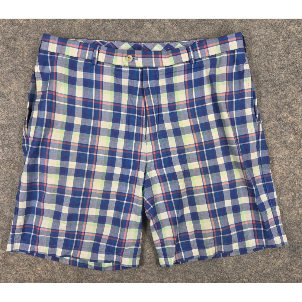 Peter Millar Mens 36 Pinehurst Putter Boy Plaid Golf Shorts Blue Green Club
